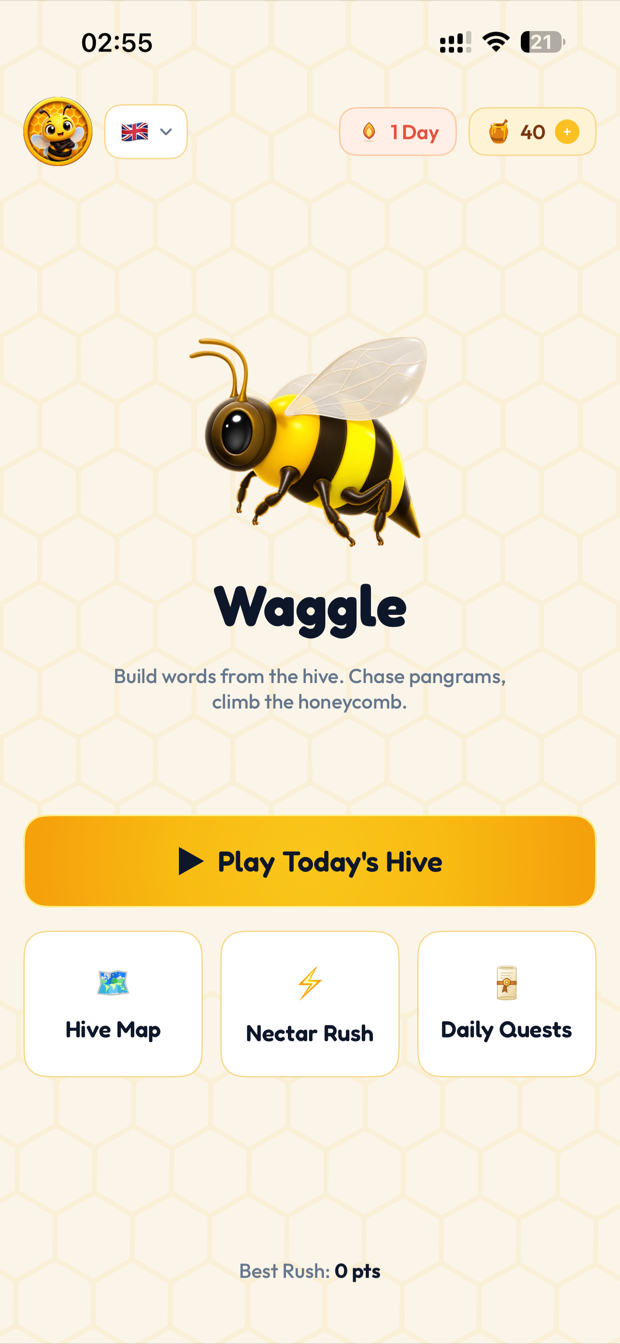 Waggle home screen showing the daily hive and the honey counter