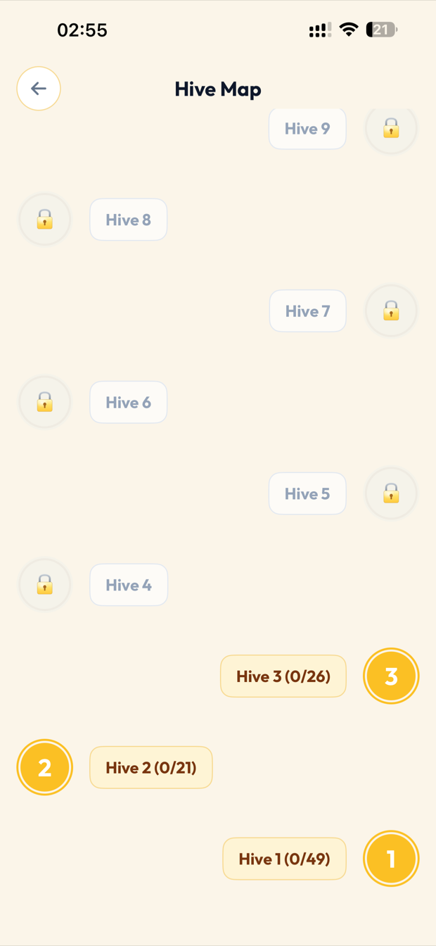 The Hive Map, a vertical trail of numbered hives to unlock