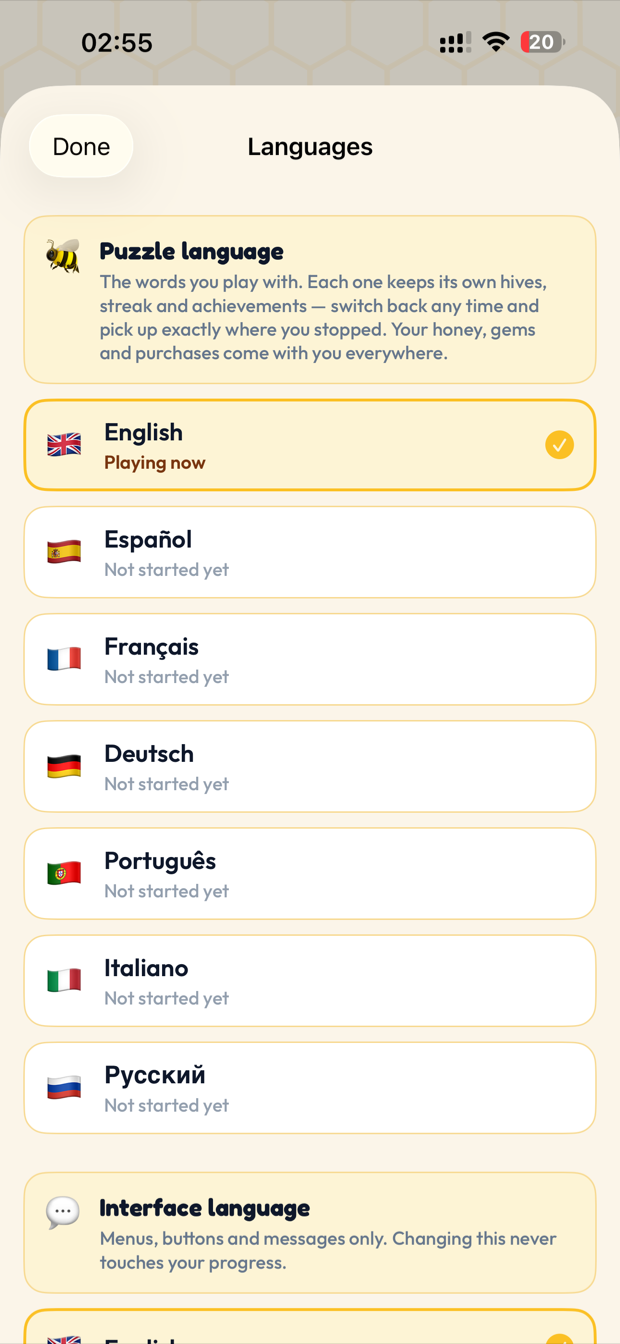 Language picker showing seven playable languages