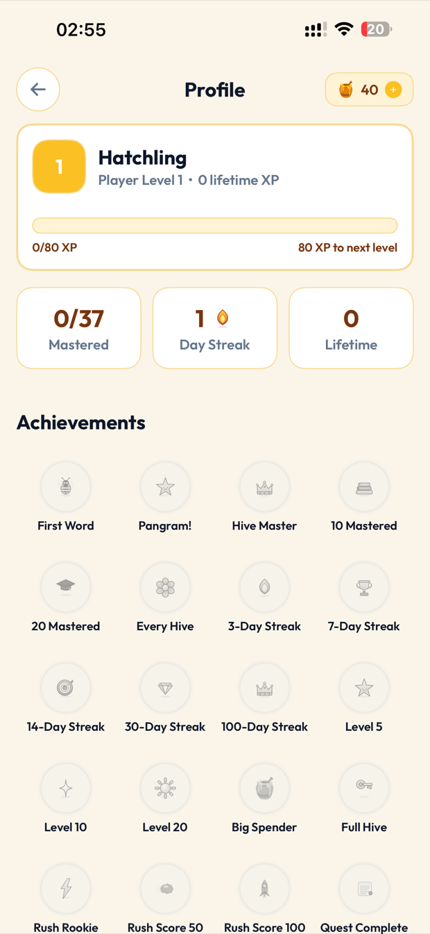 Achievements screen with unlocked badges